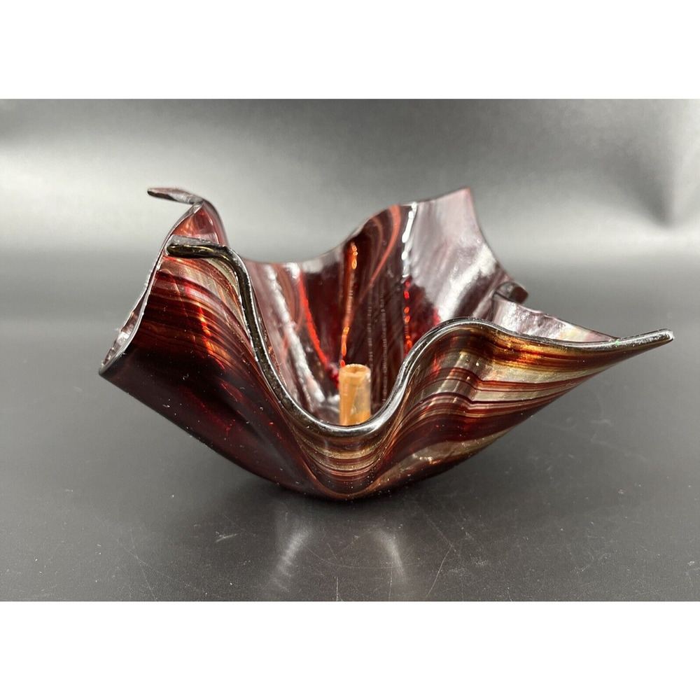Art Glass Handkerchief Bowl Vase Amber Brown Clear Swirl Ruffled w/ Flower Frog